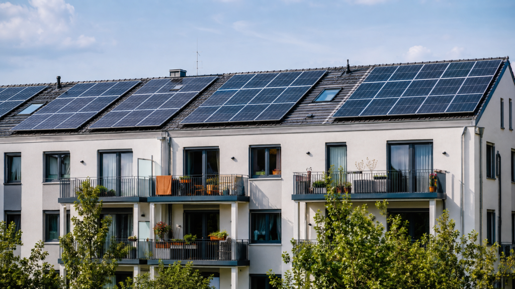 Placas solares compartidas en la cubierta de un edificio de viviendas