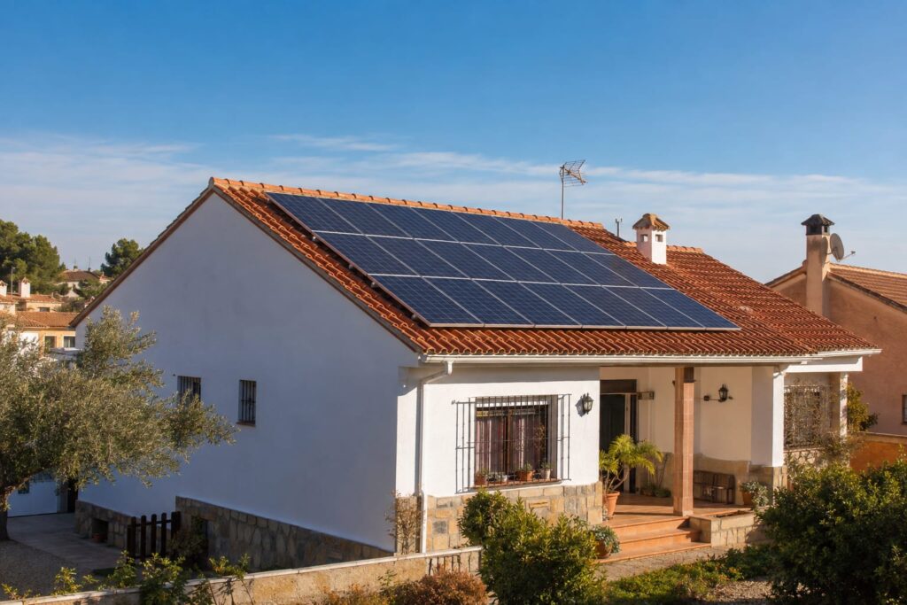 Paneles solares instalados en el tejado de una vivienda unifamiliar en España